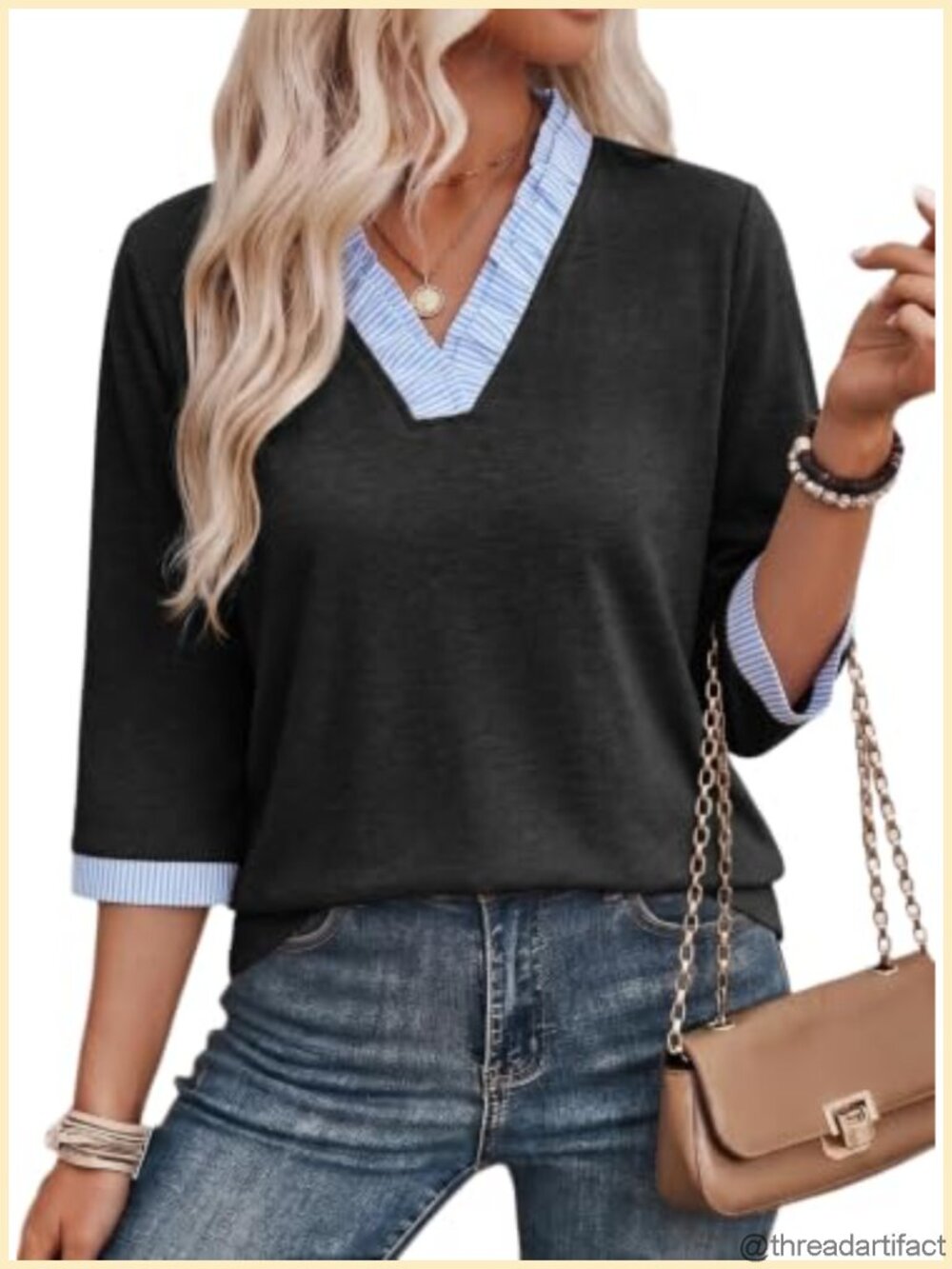 Womens Striped Colorblock V Neck 3/4 Sleeve Blouse Tunic Top Office Fall